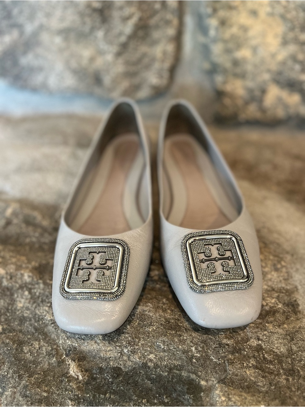 Tory Burch Georgia Pavé Leather Ballet Flats Bay Gray | 9.5